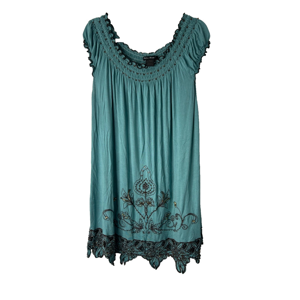 Urban Mango Babydoll Tunic Top Size L Teal Smocked Embroidered Boho Cottagecore
